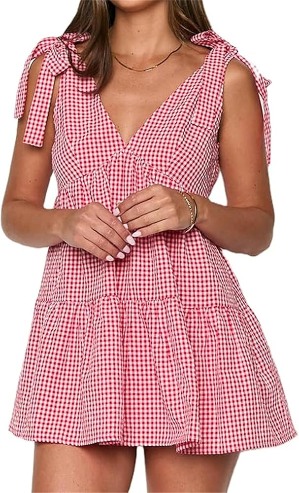 Women Y2k Gingham Smocked Mini Dress, Sleeveless Tie Shoulder Backless Flowy Babydoll Gingham Min... | Amazon (CA)