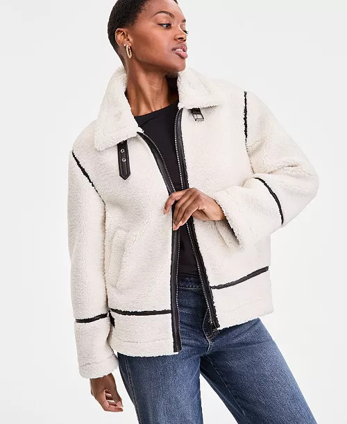 Women's Faux-Sherpa Faux-Leather-Trim Coat | Macy's