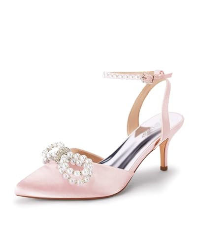 Coutgo Womens Bowknot Heels Pumps Stiletto Closed Pointed Toe Pearl Ankle Strap Wedding Dress Shoes, Pink, Size 8.5 | Amazon (US)