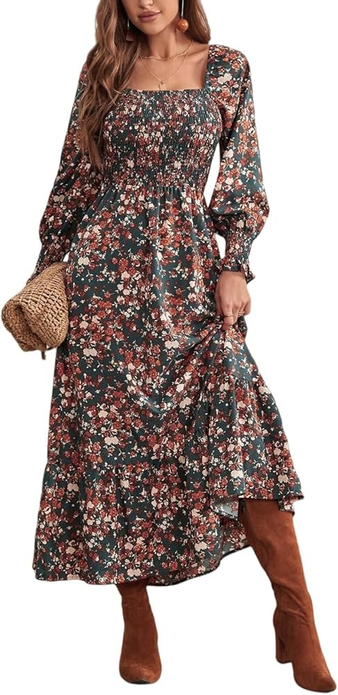 LIGHT DOT Women's Square Neck Casual Floral Dress Long Sleeve Printed Boho Maxi Dress Smocked Tie... | Amazon (US)