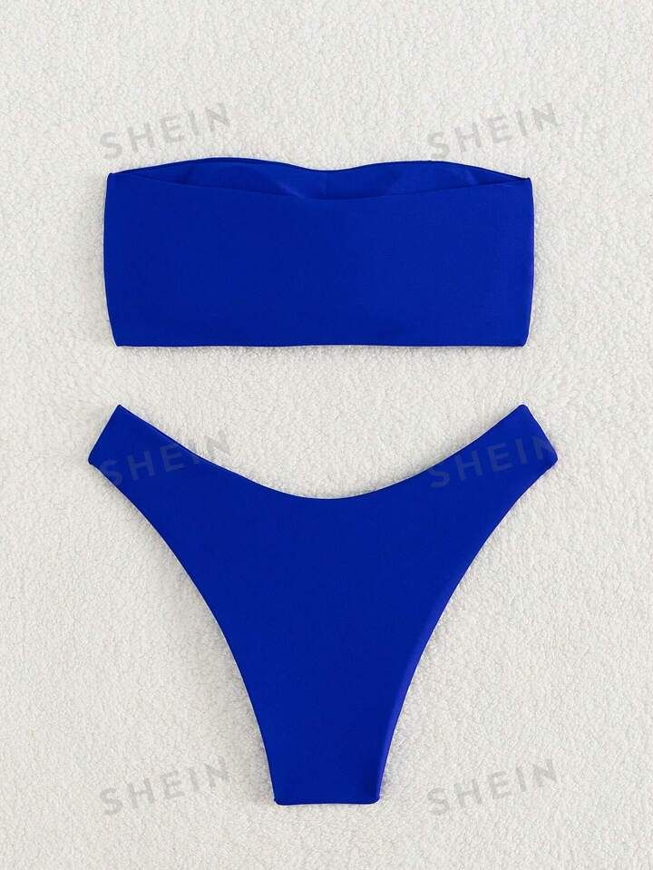 SHEIN Swim Solid Bandeau Bikini Swimsuit | SHEIN