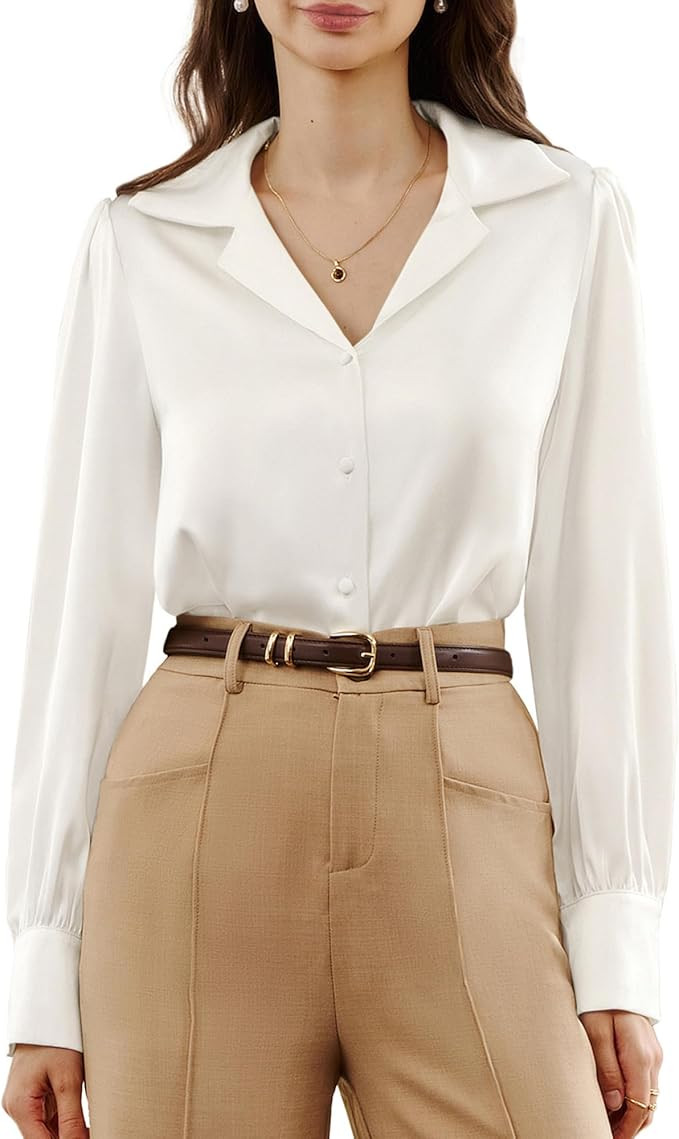 Belle Poque Women's Satin Blouses Long Sleeve Button Down Work Shirts Silk Business Casual Collar... | Amazon (US)