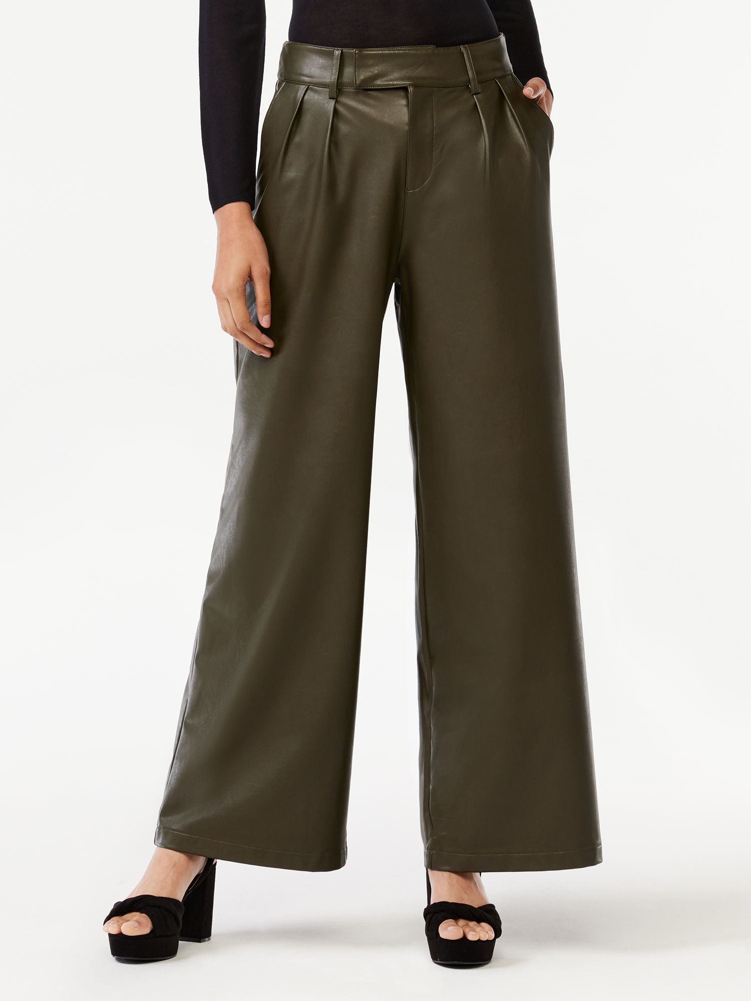 Scoop Women's Faux Leather Wide Leg Pants - Walmart.com | Walmart (US)