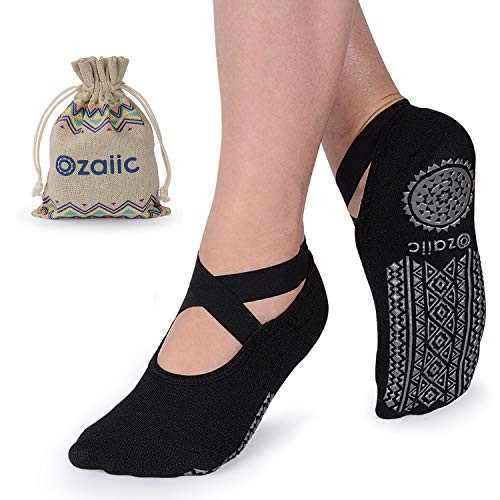 Ozaiic Yoga Socks for Women Non-Slip Grips & Straps, Ideal for Pilates, Pure Barre, Ballet, Dance, Barefoot Workout (Black - 1 Pair, one_size) | Amazon (US)