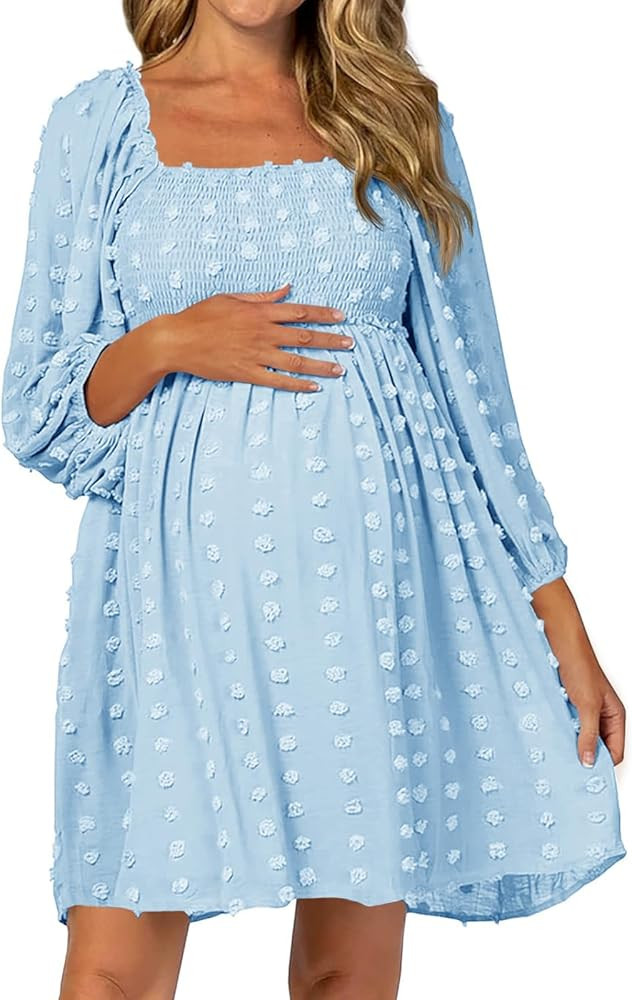 Ofenbuy Women's Long Sleeve Maternity Dress Square Neck Swiss Dot Casual Loose Short Dresses | Amazon (US)