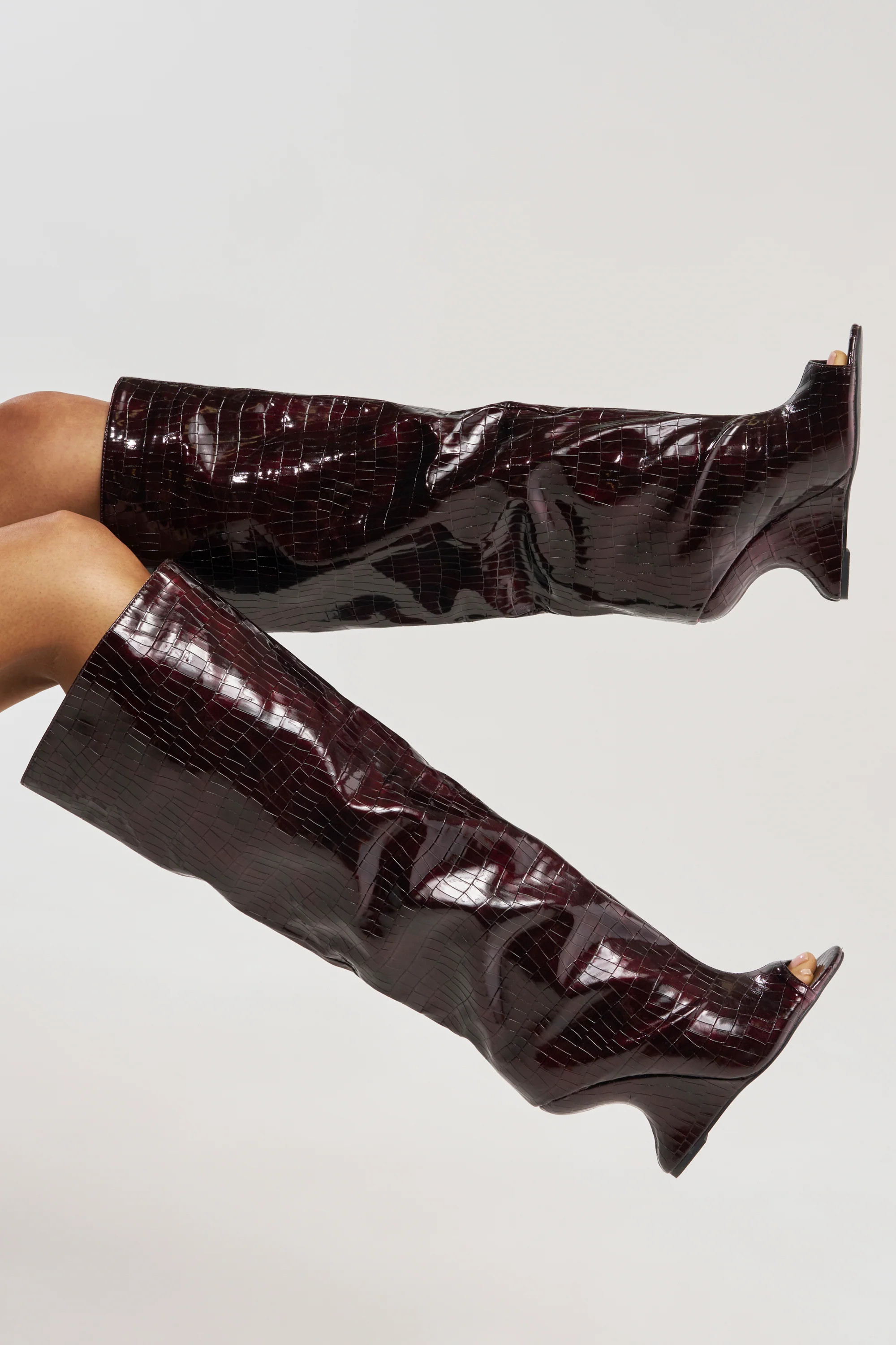 AZALEA WANG VINCENT BURGUNDY CROC OPEN TOE WEDGE BOOT | AKIRA