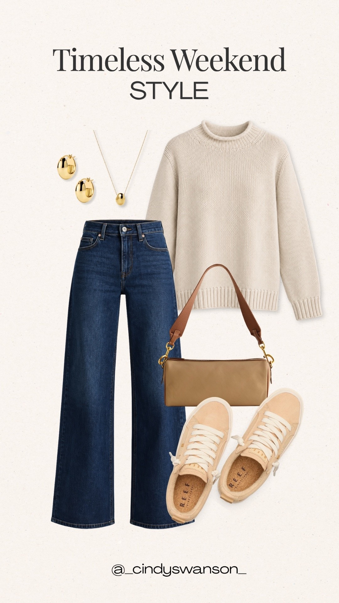 A classic weekend outfit that never goes out of style. This cream knit sweater paired with dark-wash wide-leg jeans is such an easy combination, and the neutral sneakers and warm tan bag make it feel effortlessly polished. Perfect for everyday errands, lunch out, or a relaxed weekend.

#LTKootd #LTKOver40