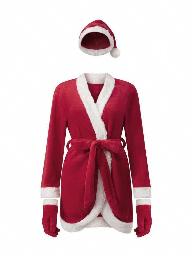 -53%Women Christmas Santa Dress Plush Patchwork Contrast Color Long Sleeve Wrap V-Neck Dress | SHEIN