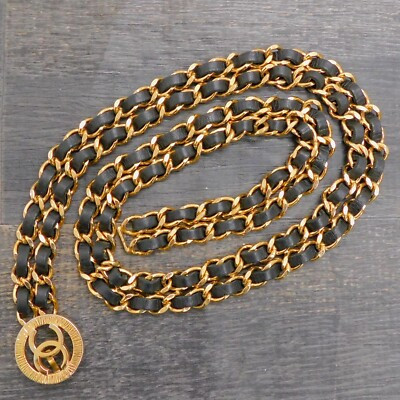 CHANEL Gold Plated Black Leather CC Logos Charm Vintage Chain Belt #467c Rise-on | eBay US