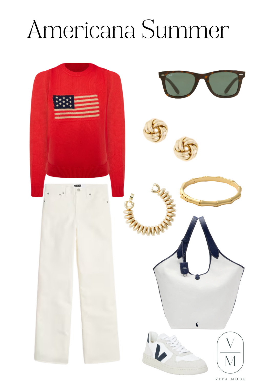 Version 1 of Americana Summer- sporty style. Perfect for a stroll through town or sunset sail. Pair with a classic white or navy tee and you're all set.

Best part is the jeans and jewelry won't break the bank, freeing you up to invest in some other "forever classic pieces". 

 #LTKSeasonal #LTKOver40 #LTKStyleTip