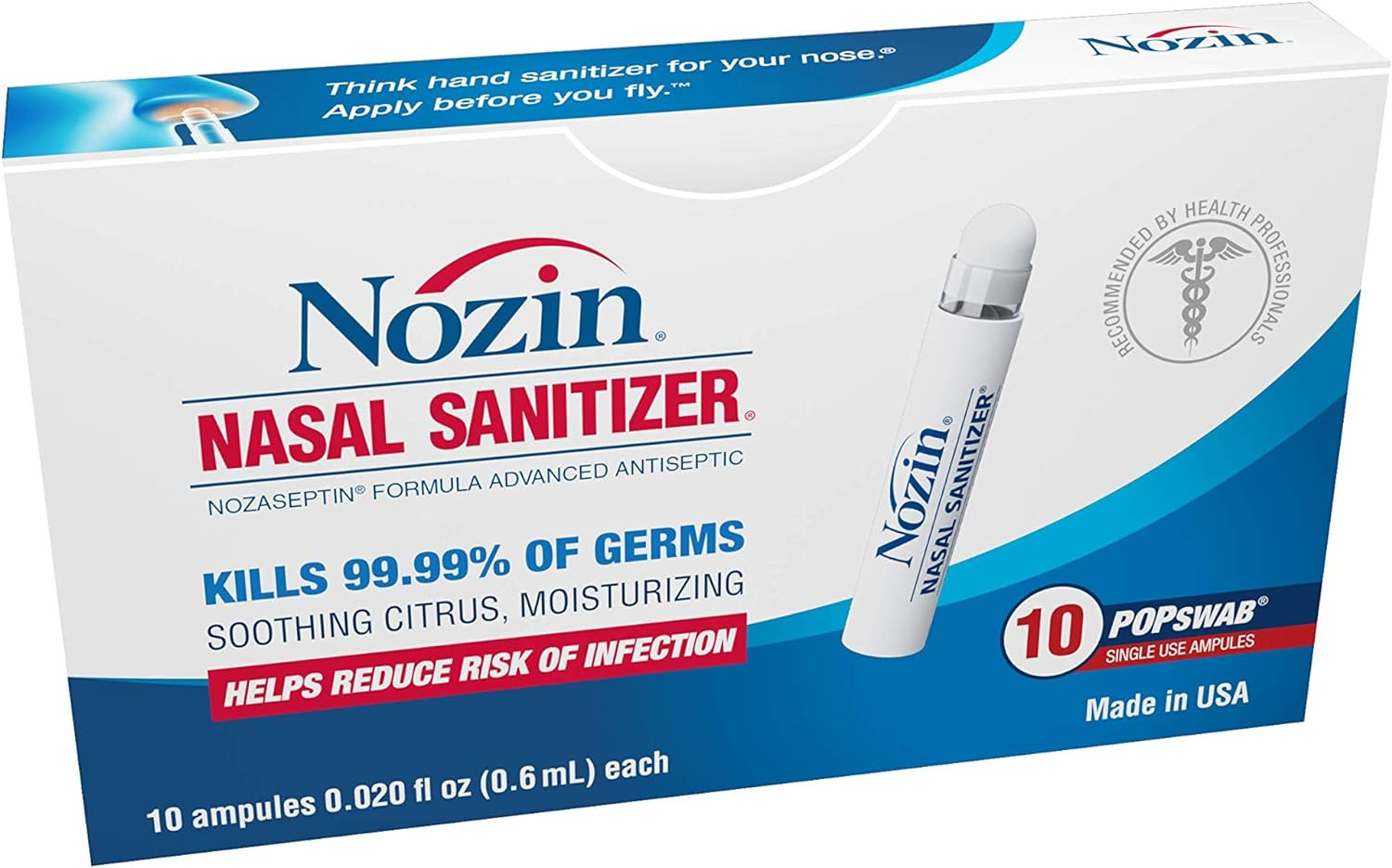 Nozin® Nasal Sanitizer® Antiseptic Popswab® Ampules 10ct Pack | Kills 99.99% of Germs | Alcohol Based 62% | Amazon (US)