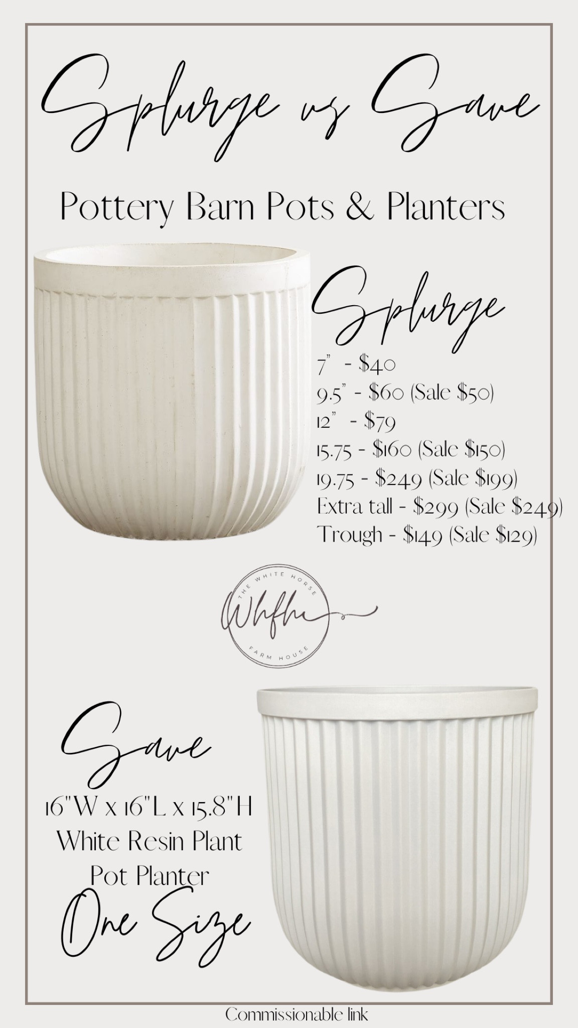 Splurge: Handcrafted of weather-resistant concrete, the fluted design.  Comes in Black, White, Gray, Terracotta.  Price range and size range $40-$249, extra small to extra tall.  

Save: White Resin Planter is perfect for use indoors in a variety of rooms or outside on patios, porches, in gardens, on walkways, and more.  One size, one color, one price.  $30. 


#splurgevssave #outdoorliving #home #homedecor #pots #planter

#LTKSeasonal #LTKsalealert #LTKhome