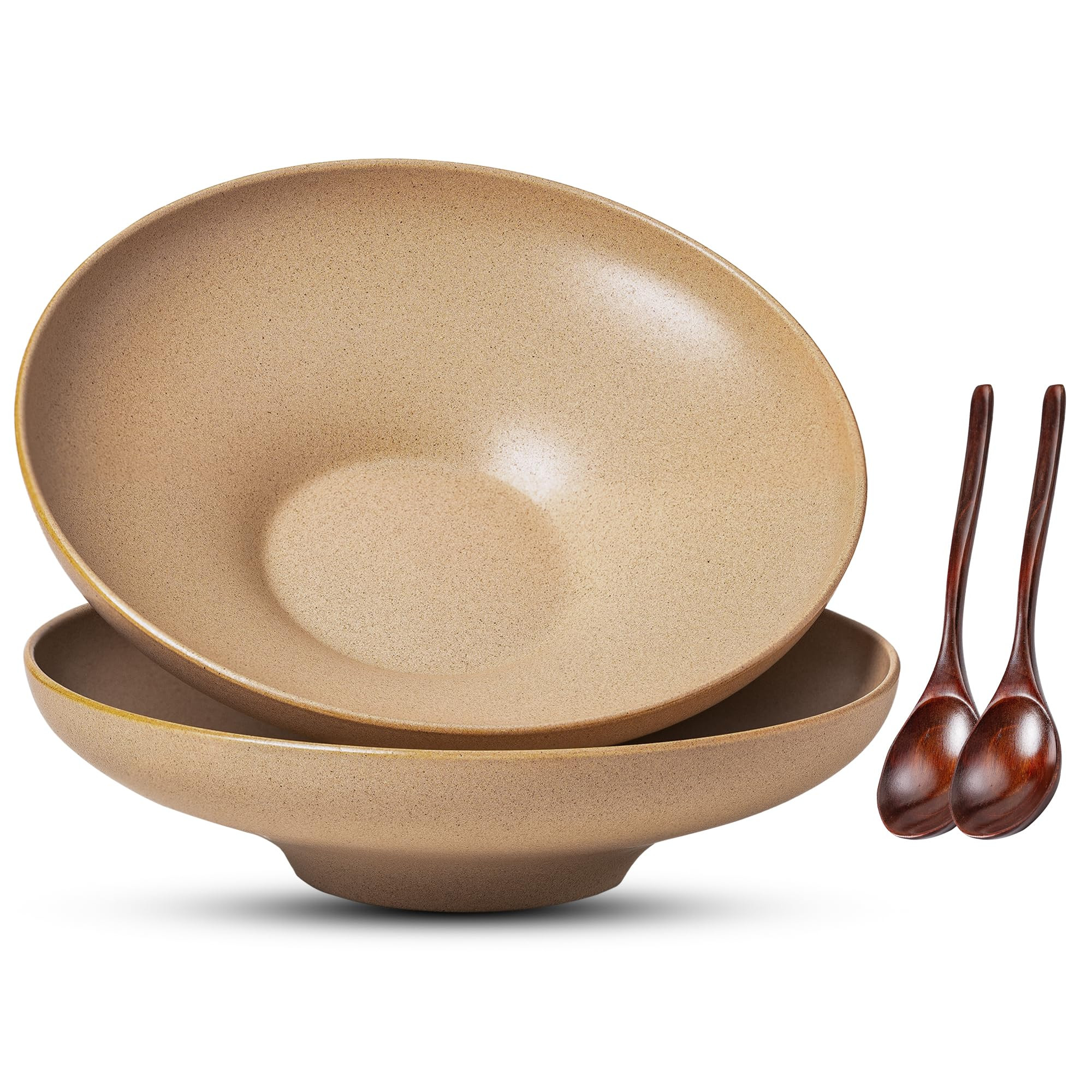 Ceramic Serving Bowls with Wooden Spoons Set of 2, Large Serving Bowl for Dinner Salad Soup Pasta Dessert Fish Fruit Chicken Bread, Oven Dishwasher Safe, 50oz Bowl for Entertaining, 9.75" | Amazon (US)