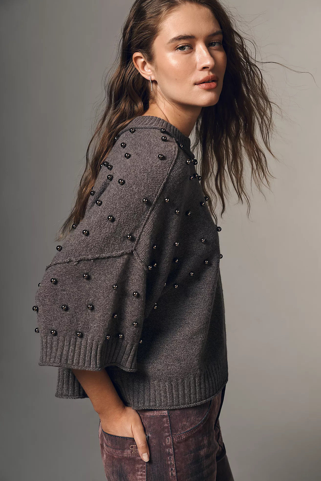 The Goldie Long-Sleeve Studded Crew-Neck Sweater | Anthropologie (US)