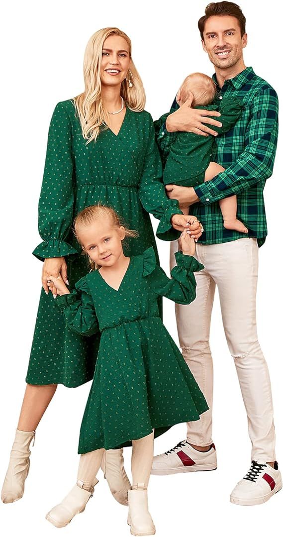 CALLA DREAM Family Matching Outfits,Mommy and Me Green Family Set Polka Dot Ruffled Plaid Shirt | Amazon (US)