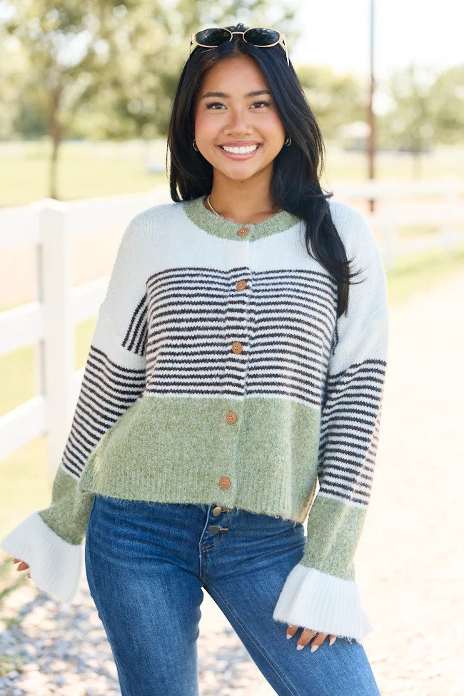 Easy On The Eyes Sage Striped Colorblock Cardigan | Pink Lily