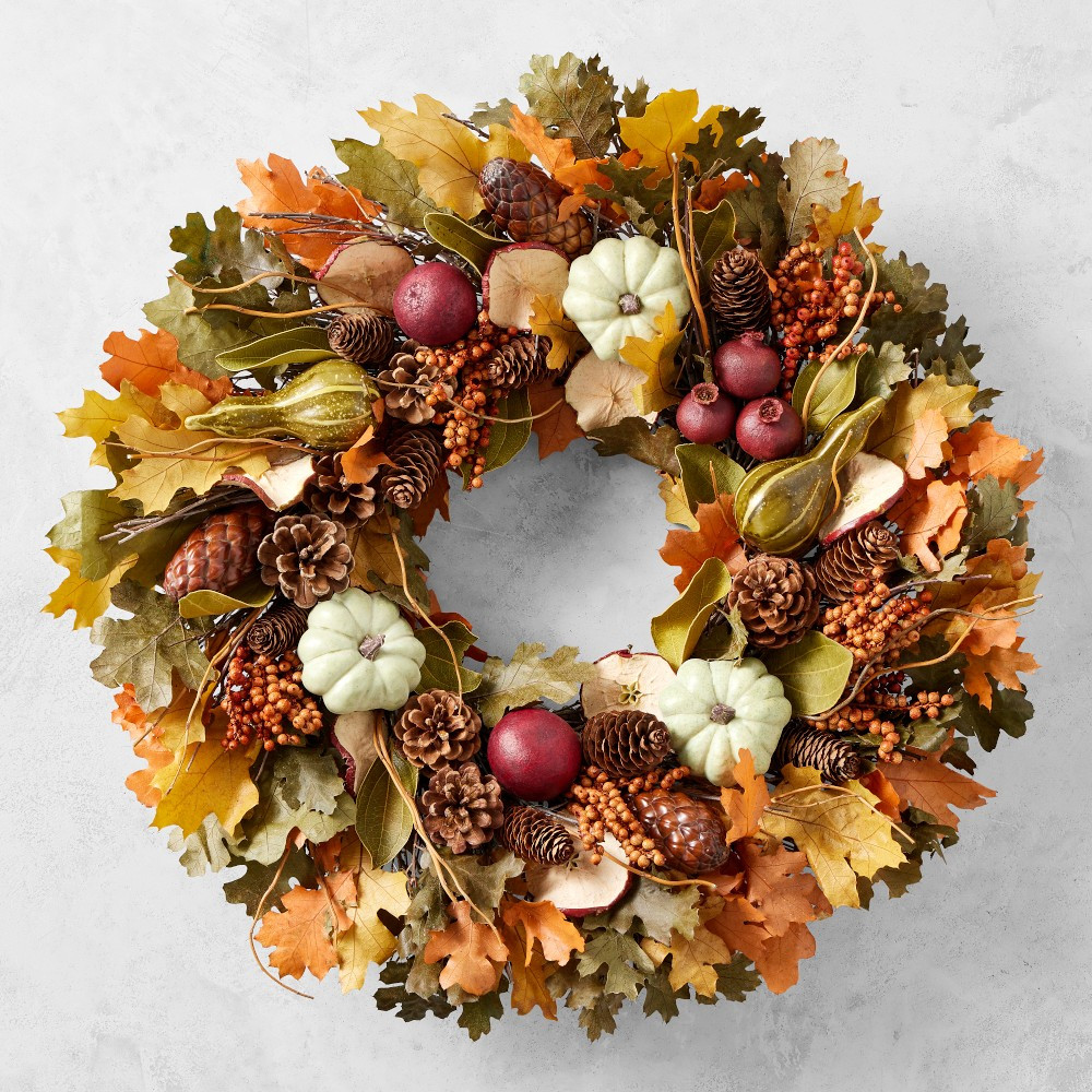 Pomegranate & Pumpkin Cornucopia Live Wreath, 20" | Williams-Sonoma