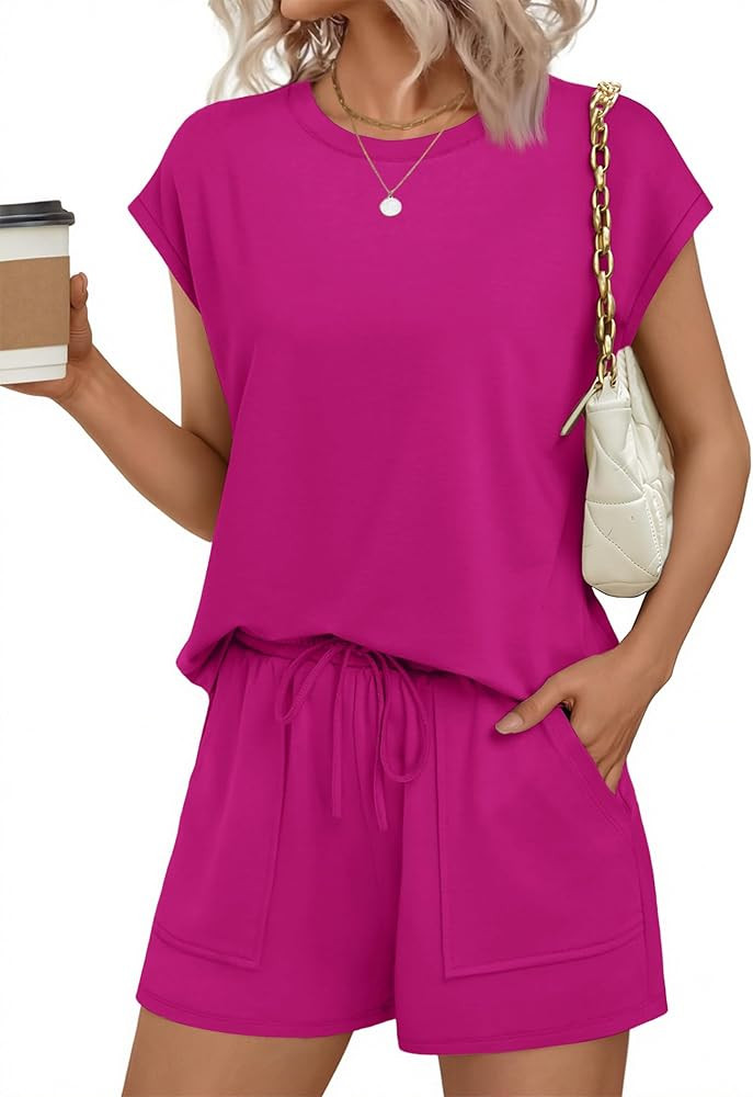 Ekouaer Two Piece Sets for Women Summer Crew Neck Lounge Short Sets Cap Sleeve Drawstring Vacatio... | Amazon (US)