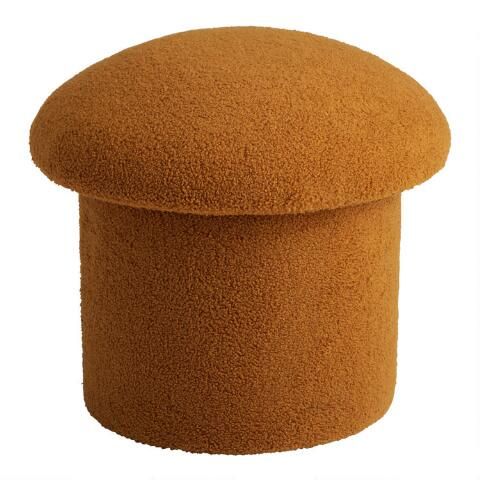 Round Faux Sherpa Mushroom Upholstered Storage Ottoman | World Market