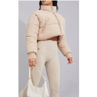Stone Ribbed Cuff Peach Skin Cropped Puffer Jacket | PrettyLittleThing US