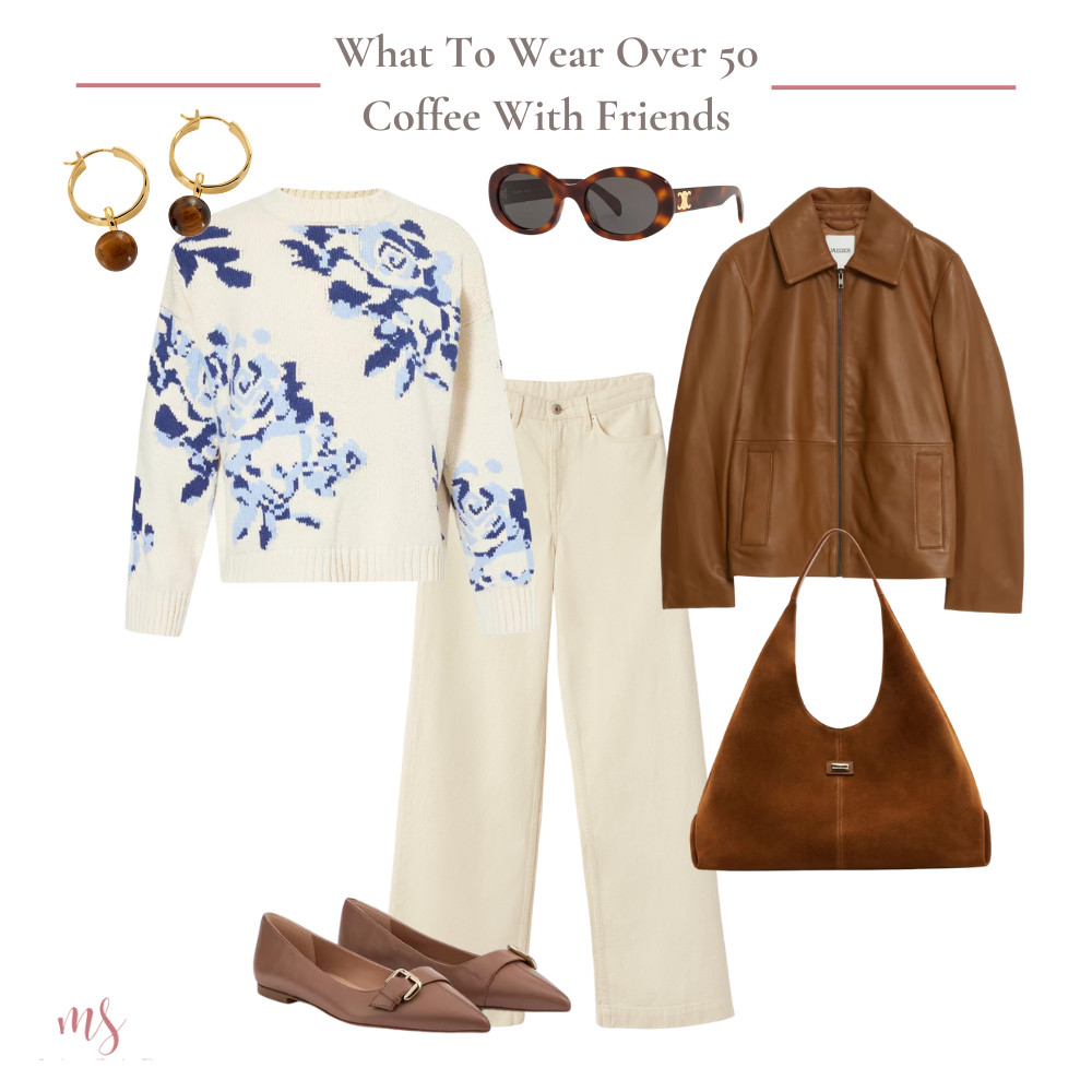 Coffee with friends outfit - Weekend Maxmara knit, cream jeans, leather jacket, suede bag, tortoiseshell sunglasses, ballet flats 

 #LTKuk #LTKover50style #LTKstyletip