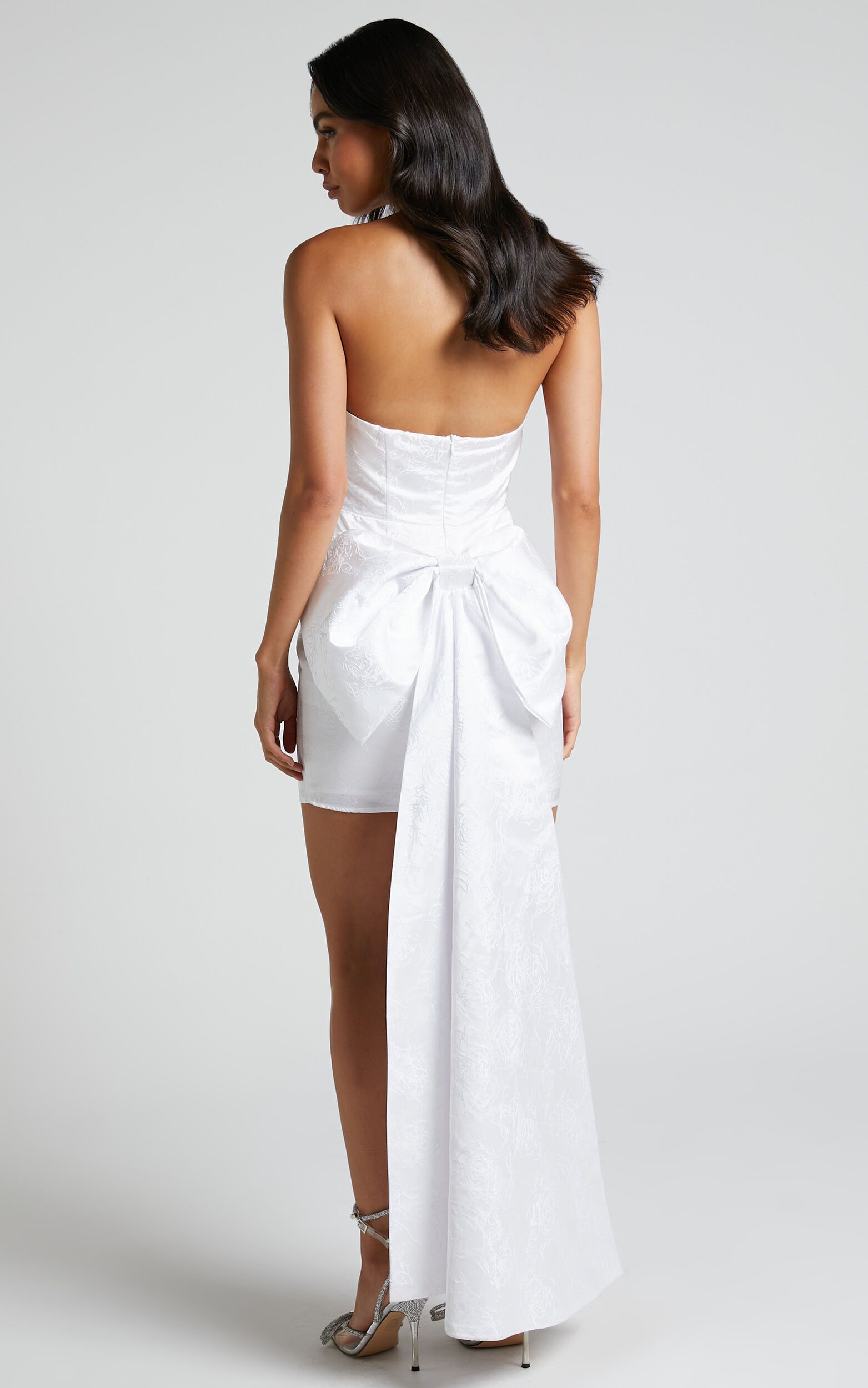 Sariah Mini Dress - Detachable Strapless Bow Train Dress in White | Showpo (US, UK & Europe)