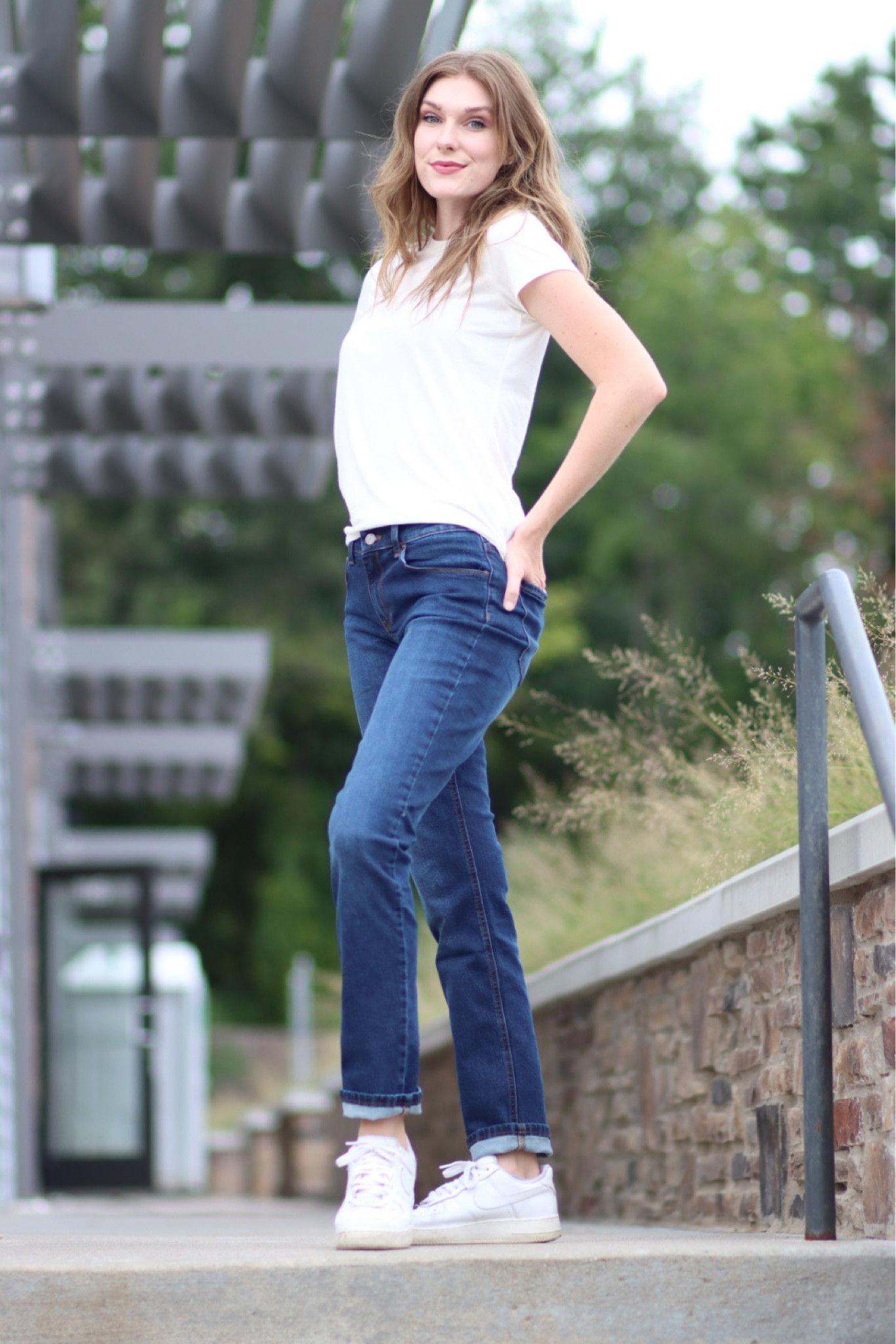 A casual basic look for the day. Dark wash denim, dark wash jeans, white t shirt, soft tshirt, casual outfit, classic style, Air Force 1, casual style, comfy outfit, upscale basic 

#LTKshoecrush #LTKunder50 #LTKunder100