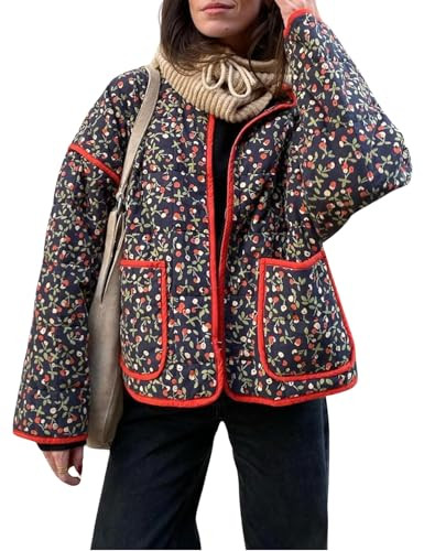 Omoone Women's Cropped Quilted Jacket Floral Printed LightWeight Padded Puffer Cardigan Coat Outwear(3950-09Cherry-XS) | Amazon (US)