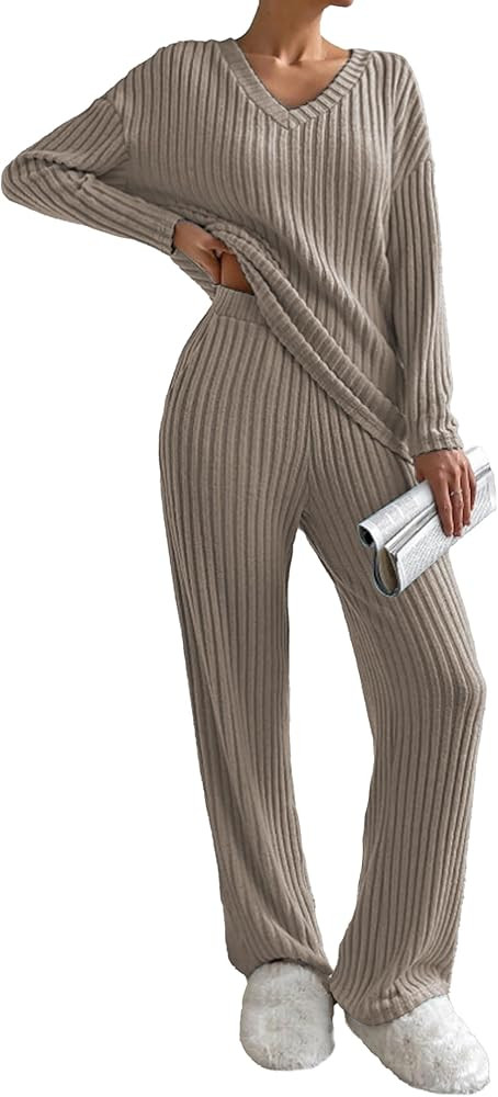 Famulily Women’s 2 Piece Outfits Lounge Sets Rib Knit Matching Pajama Set Long Sleeve V Neck To... | Amazon (CA)