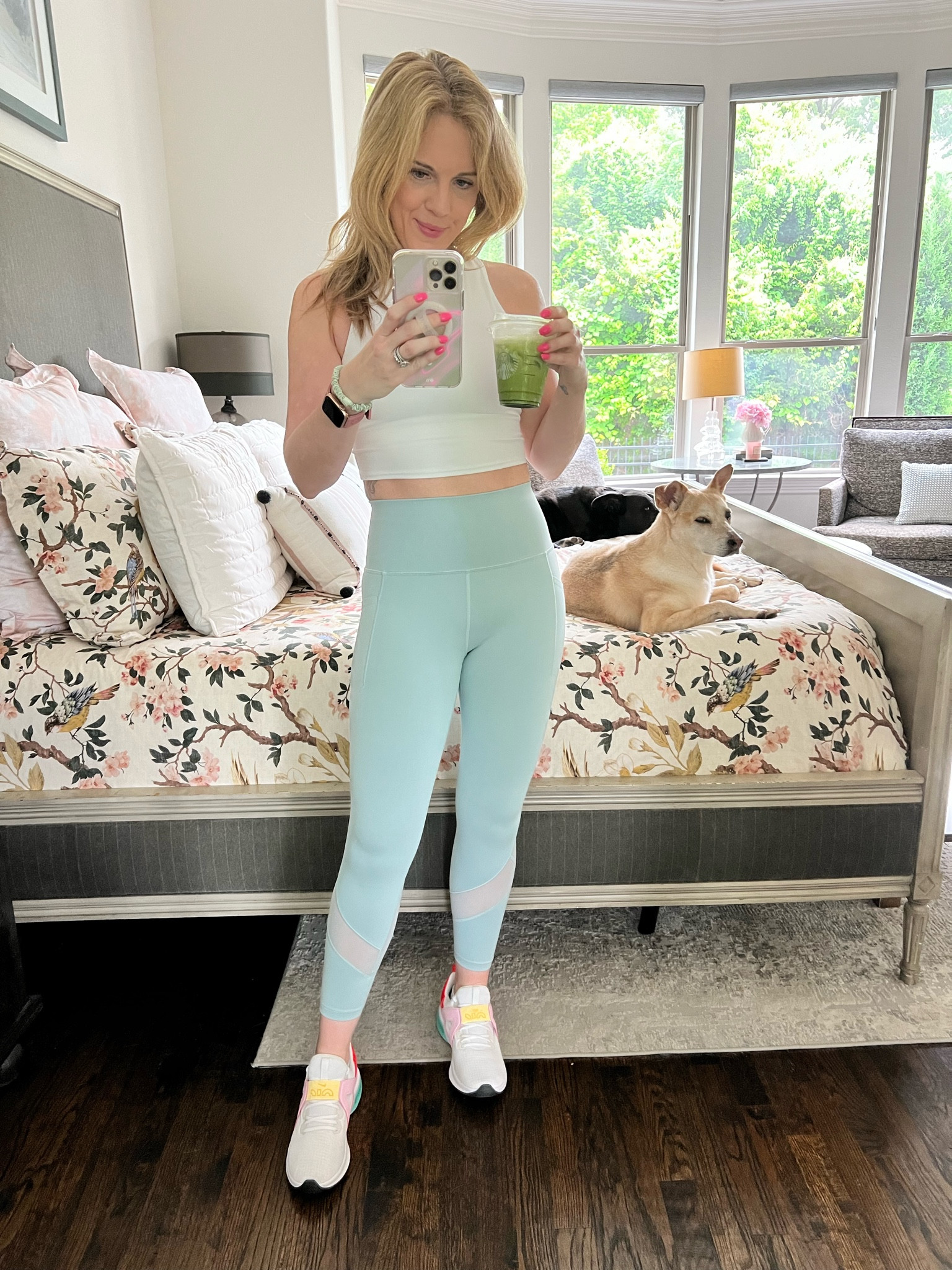 Sprint workout look 
Summer workout look 
Cropped white sports bra tank 
Athleta leggings 
7/8 leggings 
Mesh leggings 
Blue leggings 
Nike sneakers 

#LTKfitness #LTKActive #LTKshoecrush