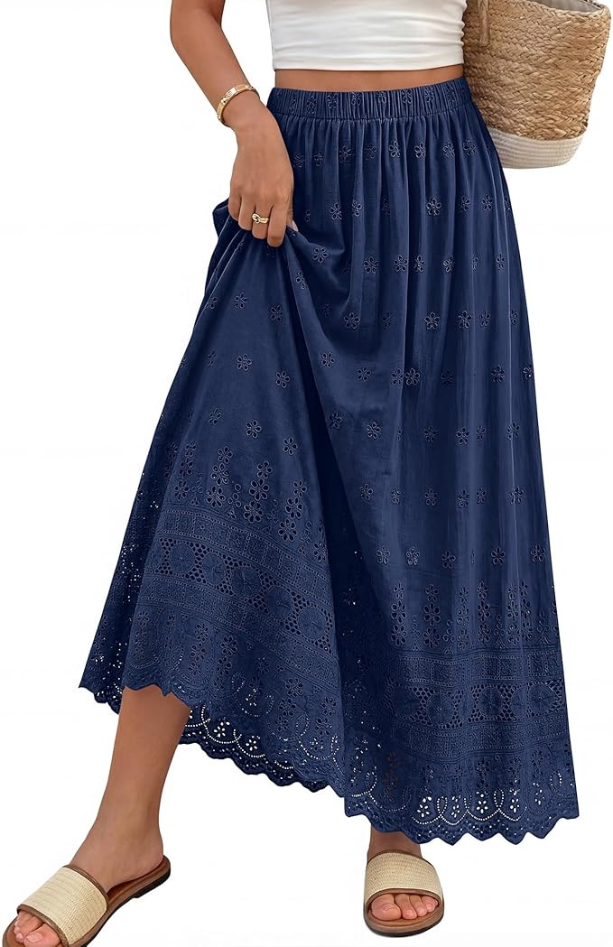 Women Summer Maxi Skirt Cute Elastic High Waist Boho Eyelet A-Line Cotton Flwoy Long Skirts Sprin... | Amazon (US)