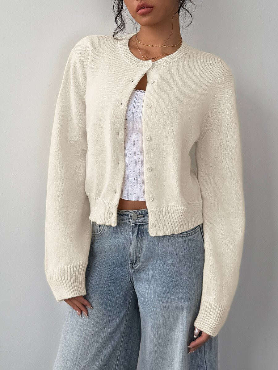 SHEIN BASICS Casual Solid Color Round Neck Long Sleeve Loose Cropped Women Sweater Women Autumn Coat Day Time Work Office Cream White Teachers' Day | SHEIN