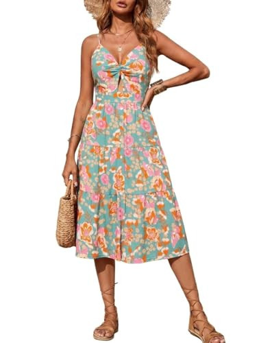 Angashion Women's Dresses-Summer Floral Bohemian Spaghetti Strap Button Down Swing Midi Dress with Pockets Orange Floral Small | Amazon (US)