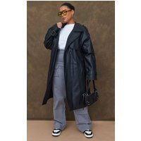 Plus Black Faux Leather Statement Buckle Trench Coat | PrettyLittleThing US