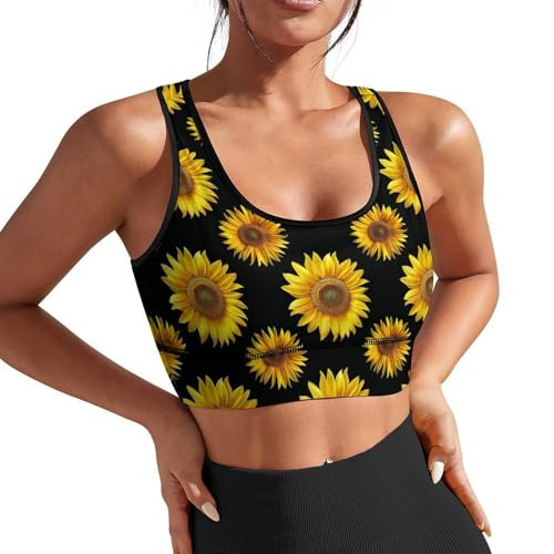 YSBKN Golden Sunflower Black Sports Bras for Women Funny Yoga Crop Tank Tops for Exercise Athletic Workout Running Cycling Gym S | Amazon (US)
