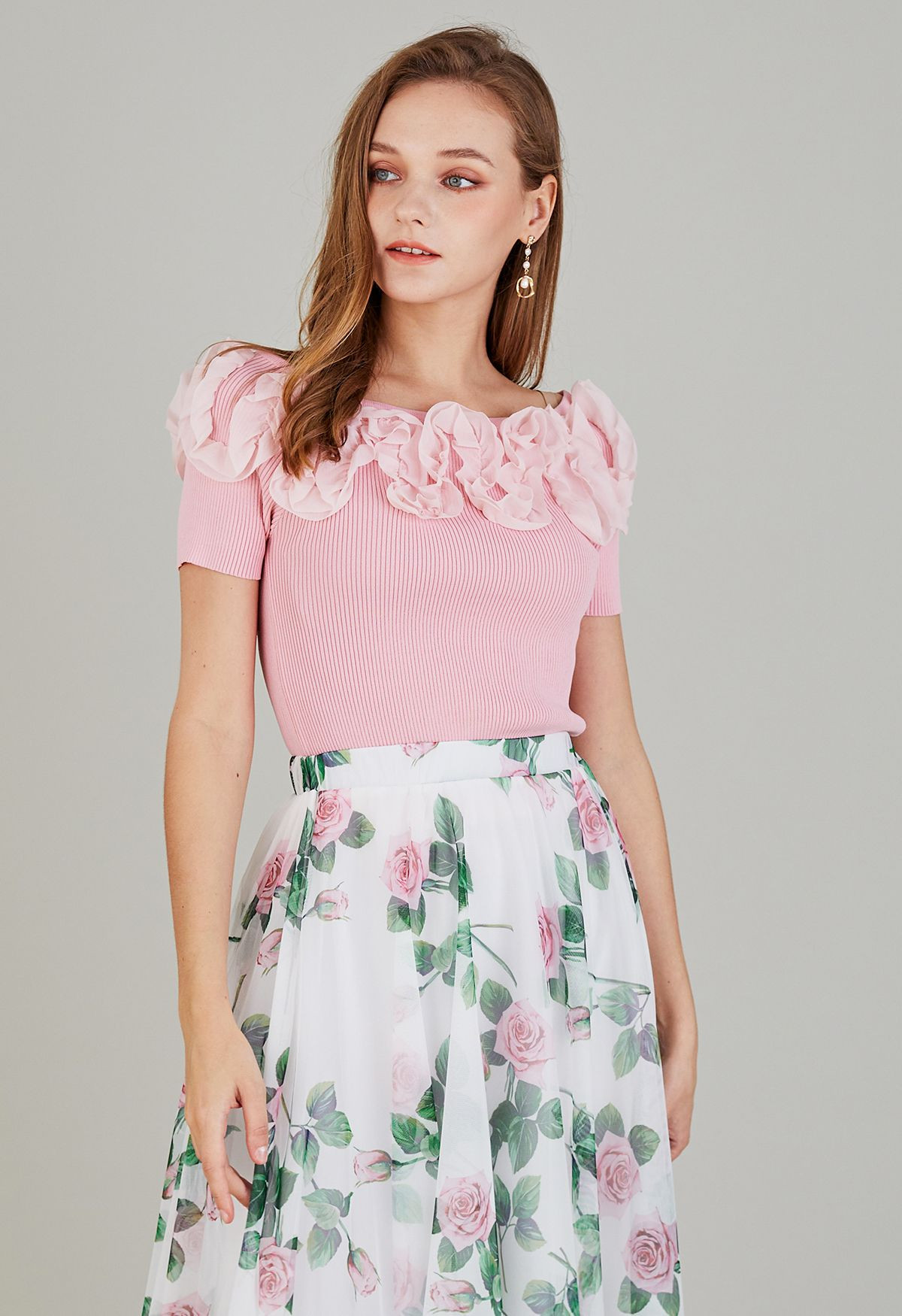 Ruffle Mesh Boat Neck Knit Top in Pink | Chicwish