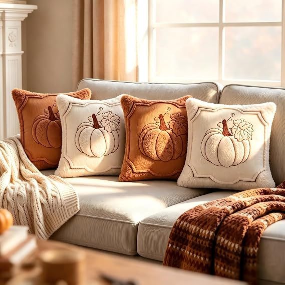 Fall Throw Pillow Covers 18x18 Set of 4 Beige & Orange Pumpkin Pillow Cover | Amazon (US)