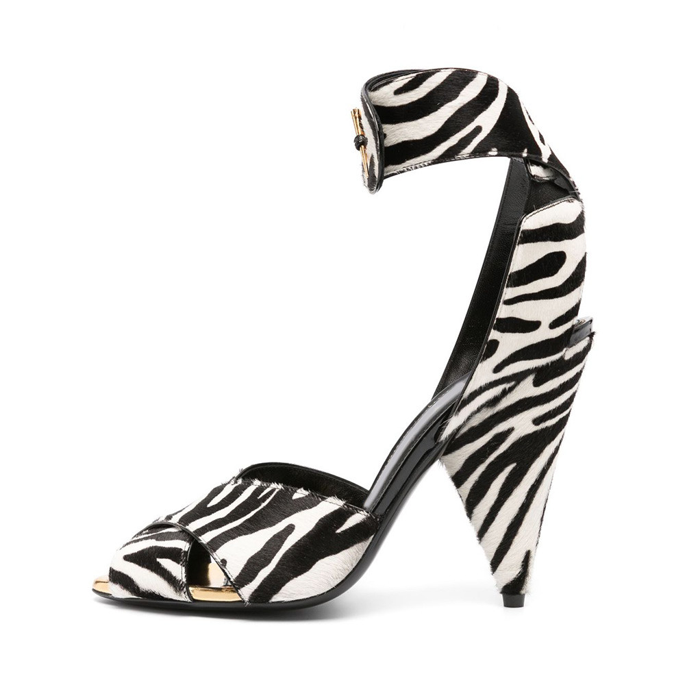 Classic Zebra Print Peep Toe Cross Strap Cone Heel Women's Sandals | FSJshoes.com