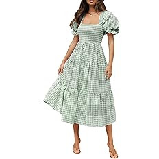 ZESICA Women's 2023 Bohemian Summer Plaid Square Neck Puff Sleeve Ruffle Flowy Beach Midi Dress | Amazon (US)