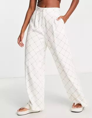 ASOS DESIGN Hourglass linen grid check wide leg relaxed flare pants in cream | ASOS (Global)