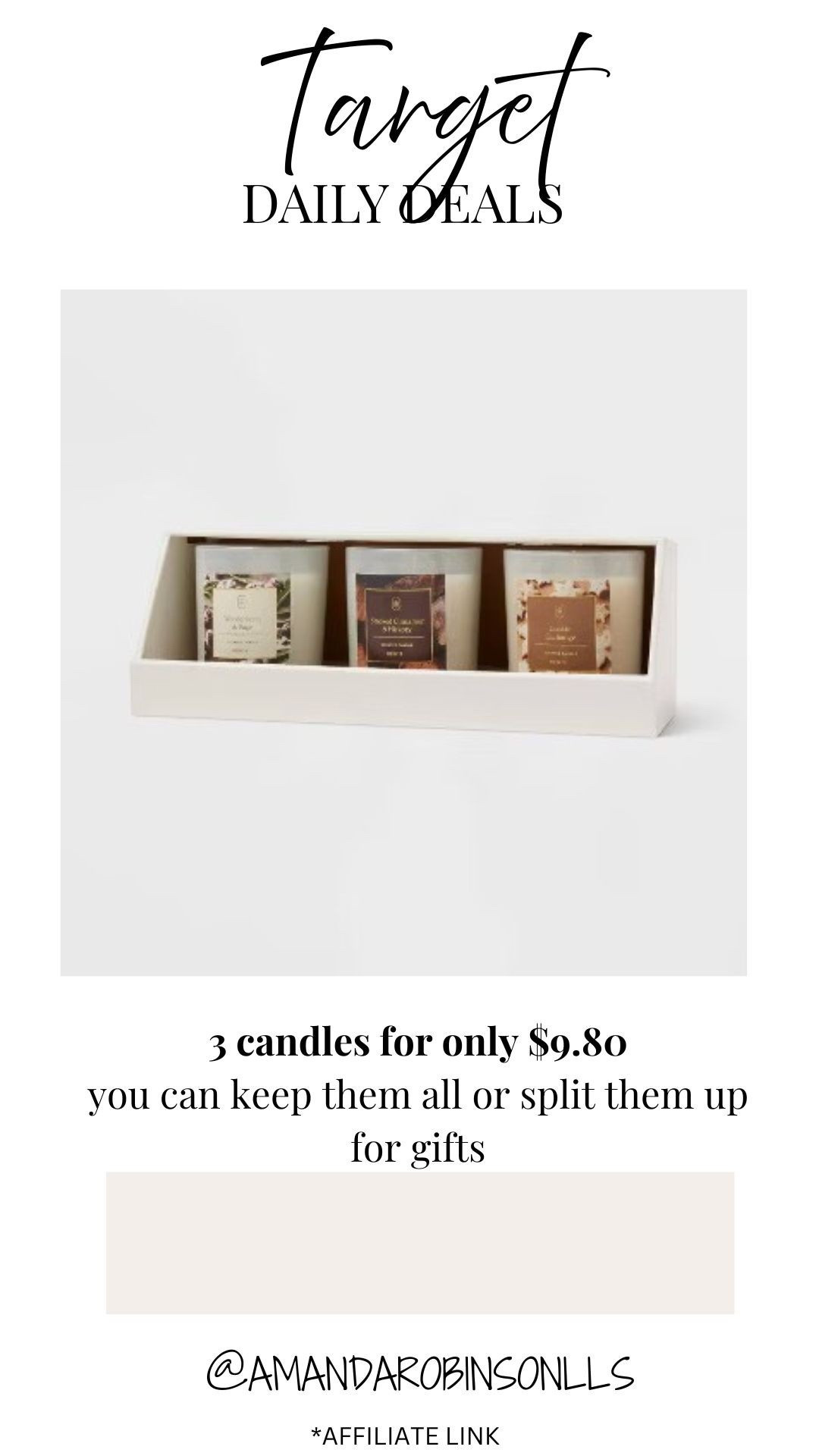 Target Daily Deals
3 candles for only $9.80

#LTKHoliday #LTKHome #LTKSaleAlert