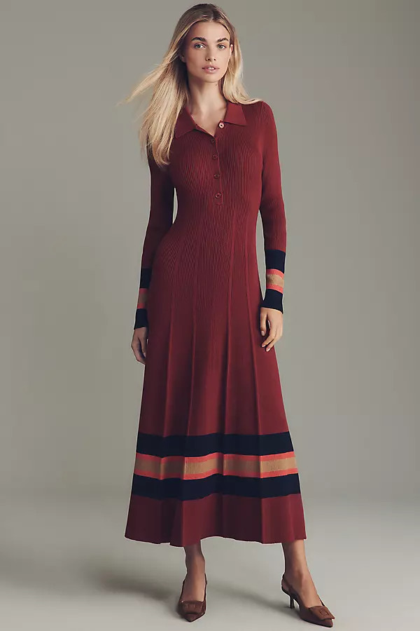 Maeve Pleated Long-Sleeve Midi Sweater Dress | Anthropologie (US)