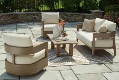 Serene Bay Outdoor Loveseat and 2 Chairs with Coffee Table, Dark Brown/White | Ashley