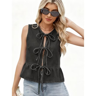 Women's Denim Sleeveless Casual Vest Open Front Tie Front Cute Jean Vest Top Black XL | Target