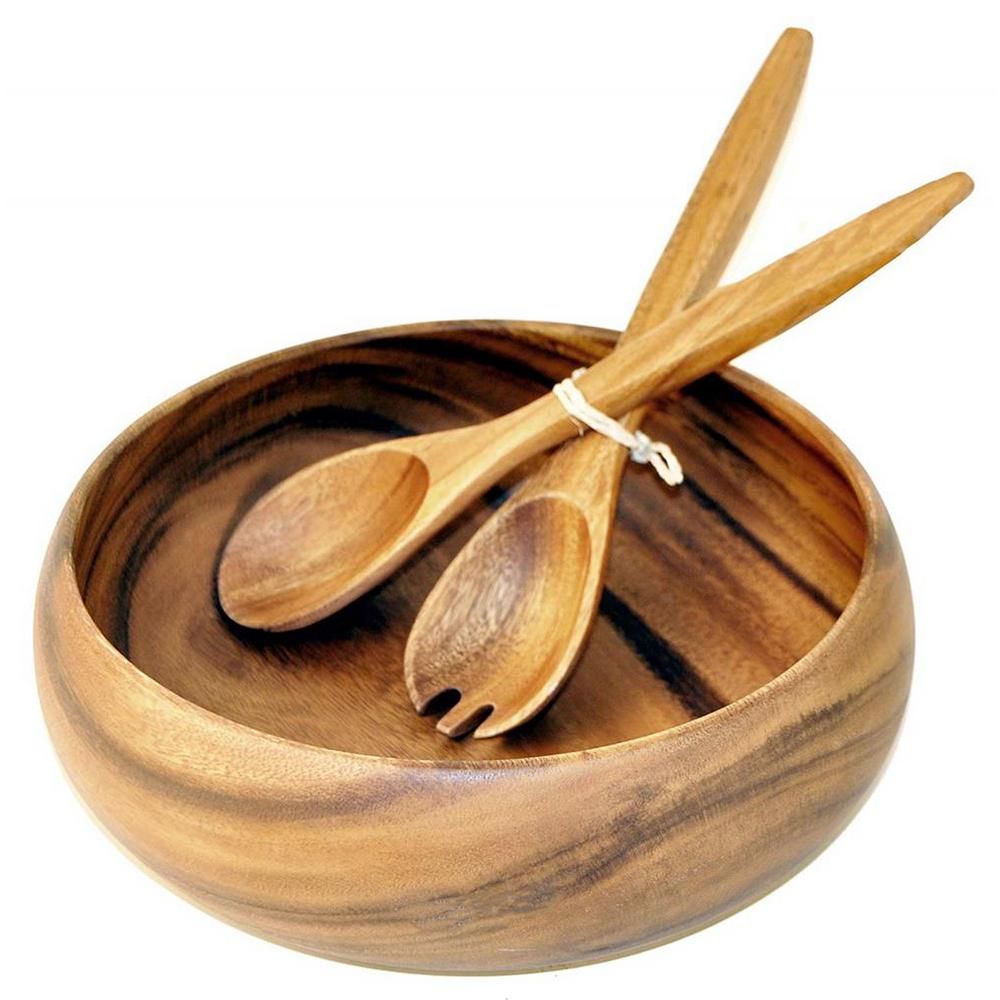 Acaciaware Natural 10 in. Wooden Calabash Bowl with Salad Servers (Set of 2) | The Home Depot