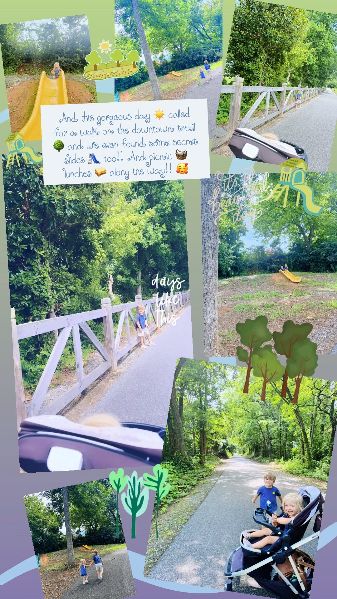 And this gorgeous day ☀️ called for a walk on the downtown trail 🌳 and we even found some secret slides 🛝, too!! And picnic 🧺 lunches 🥪 along the way!! 🥰