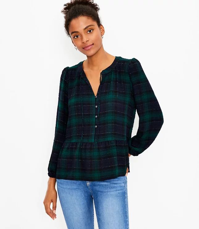 Petite Shimmer Plaid Peplum Top | LOFT