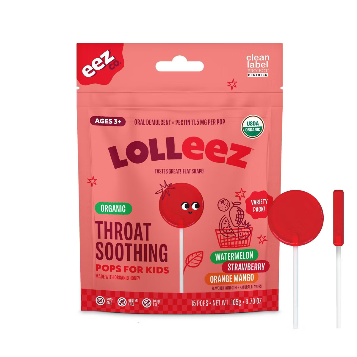 The Eez Co. Lolleez Organic Throat Soothing Pops - Watermelon, Strawberry & Orange Mango - 15ct | Target