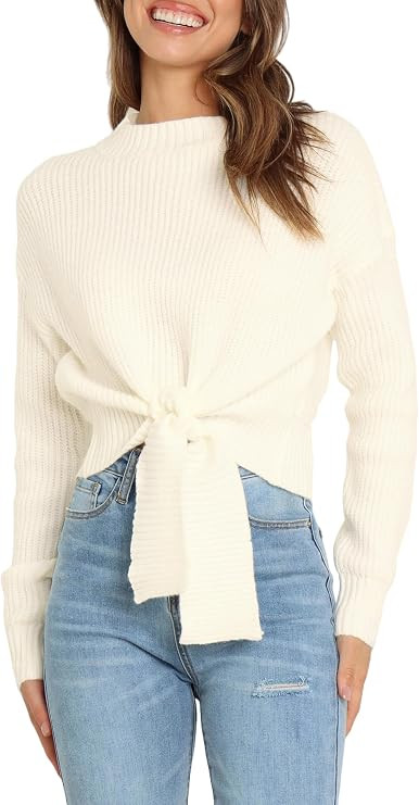 Women's Long Sleeve Cropped Sweaters Casual Knit Pullover Tie Front Crew Neck Fall Outfits Fashio... | Amazon (US)