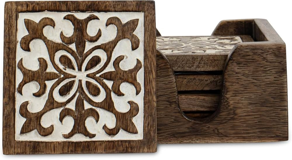 DEVLA Decorative 4 inch Wooden Coaster Set, Hand Carved with White Antique Design, 5 Coasters wit... | Amazon (US)